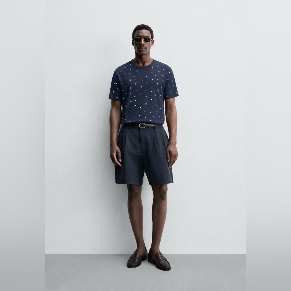 FRANK And OAK - Organic Cotton Geometric Print T-Shirt Navy Blue Slim Fit